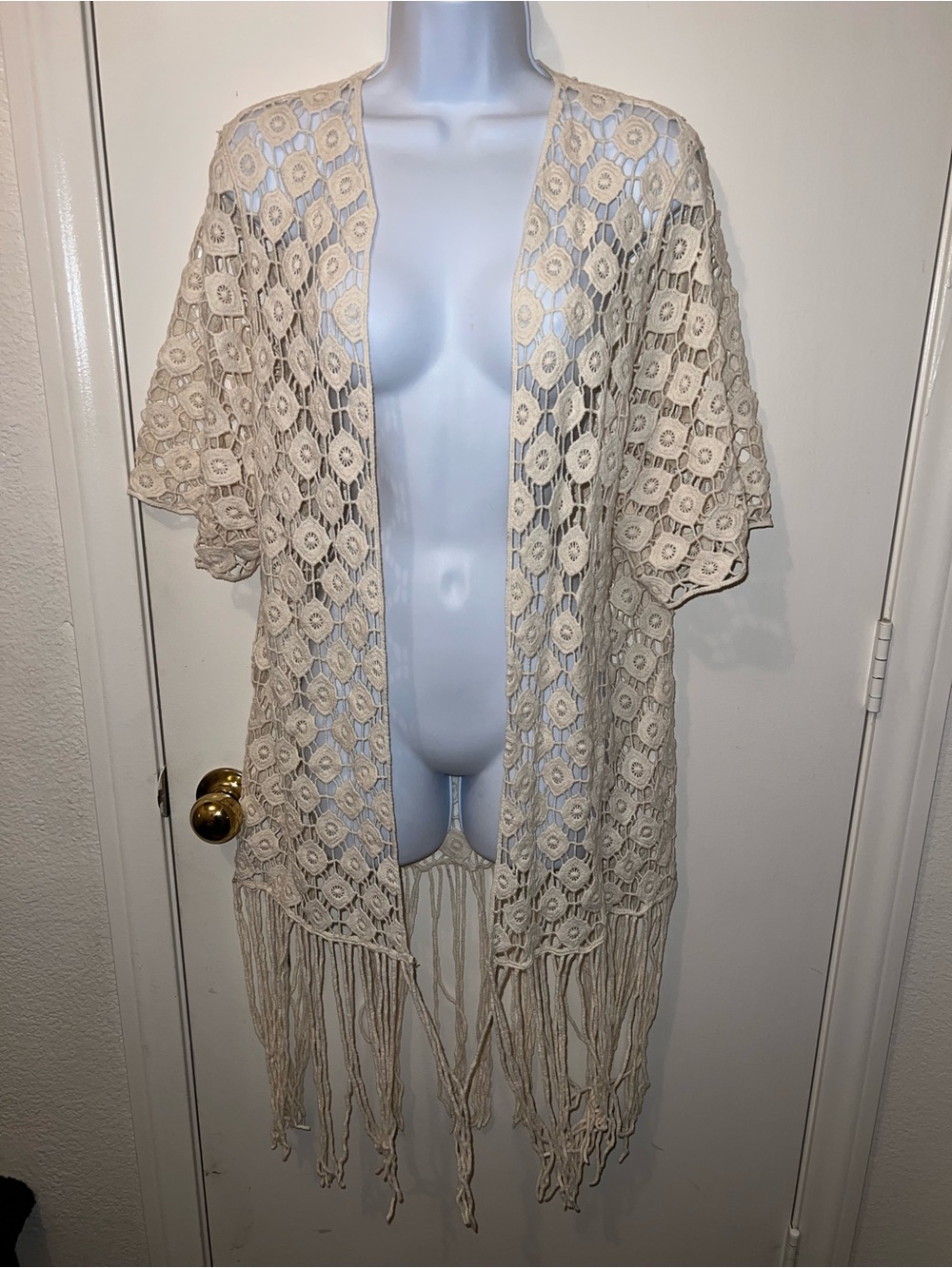 Rebellion Cream Crochet Fringe Kimono Cover-Up - Picture 2 of 4